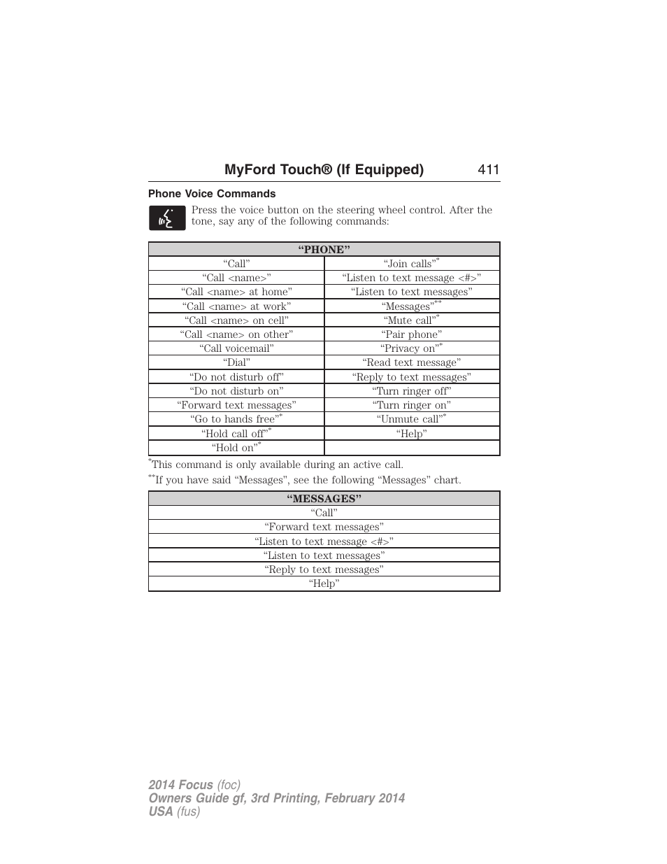 Phone voice commands, Myford touch® (if equipped) 411 | FORD 2014 Focus v.3 User Manual | Page 412 / 494