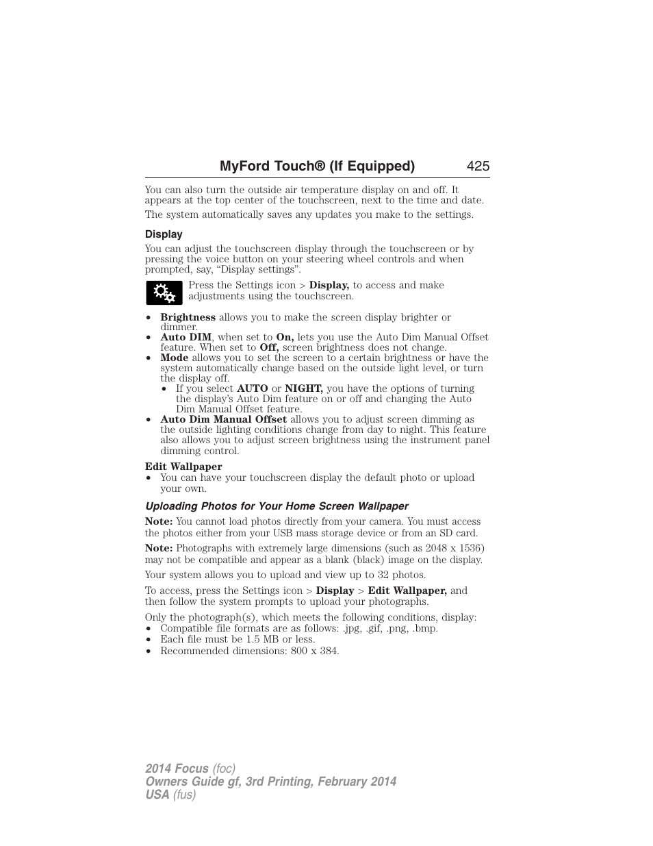 Display, Uploading photos for your home screen wallpaper, Myford touch® (if equipped) 425 | FORD 2014 Focus v.3 User Manual | Page 426 / 494