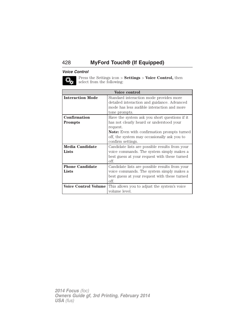 Voice control, 428 myford touch® (if equipped) | FORD 2014 Focus v.3 User Manual | Page 429 / 494