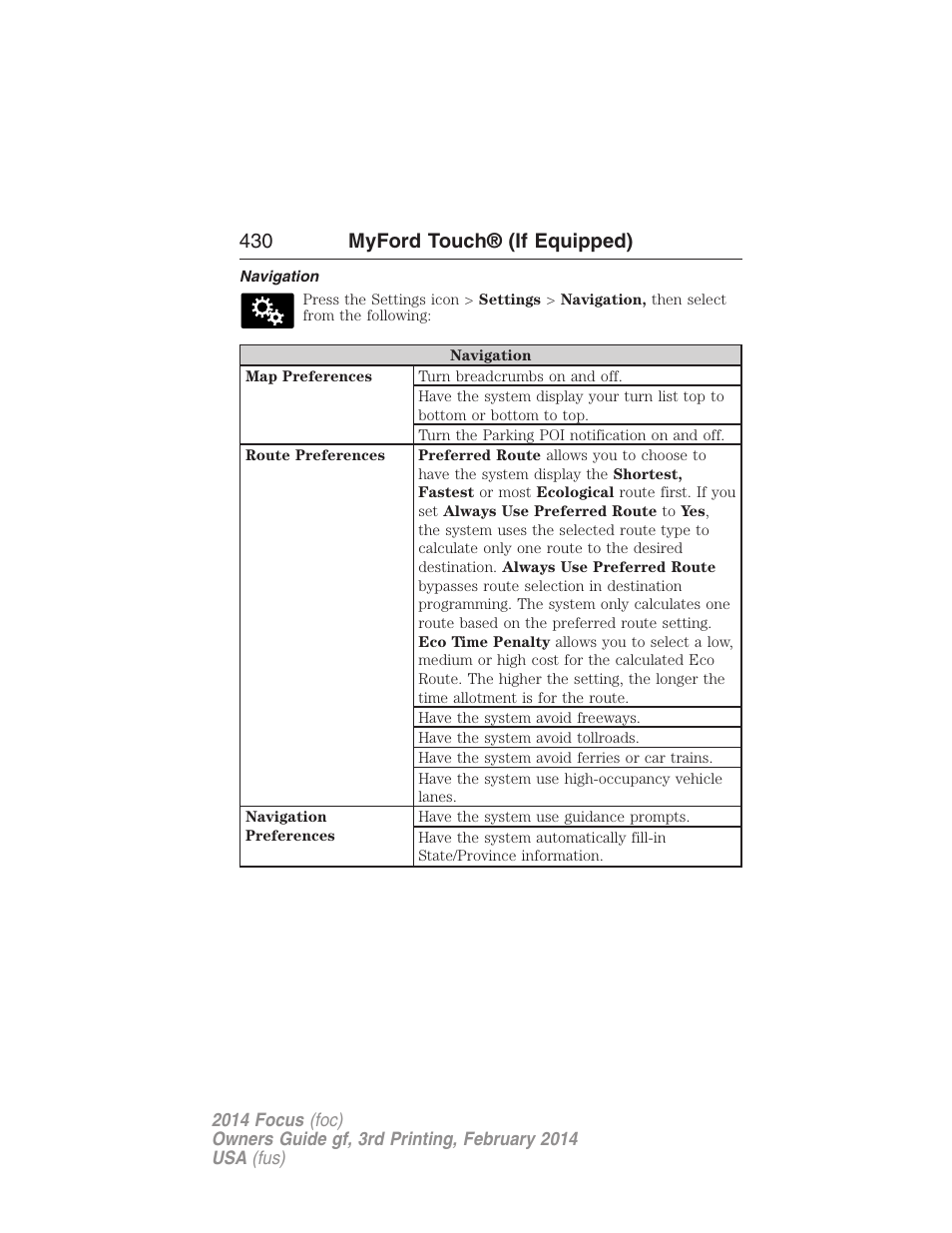 Navigation, 430 myford touch® (if equipped) | FORD 2014 Focus v.3 User Manual | Page 431 / 494