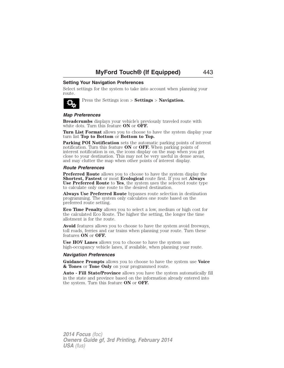 Setting your navigation preferences, Map preferences, Route preferences | Navigation preferences, Myford touch® (if equipped) 443 | FORD 2014 Focus v.3 User Manual | Page 444 / 494