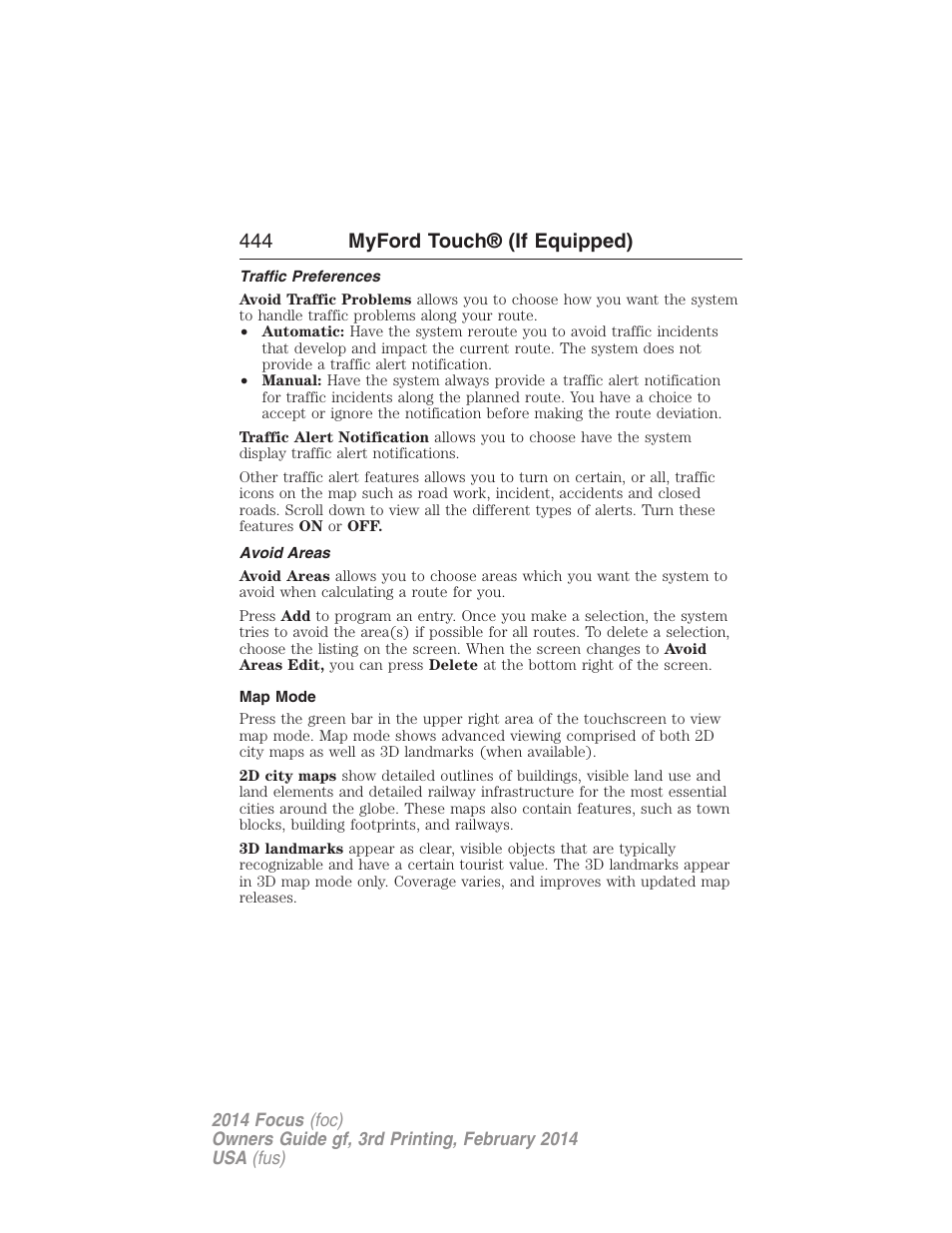 Traffic preferences, Avoid areas, Map mode | 444 myford touch® (if equipped) | FORD 2014 Focus v.3 User Manual | Page 445 / 494