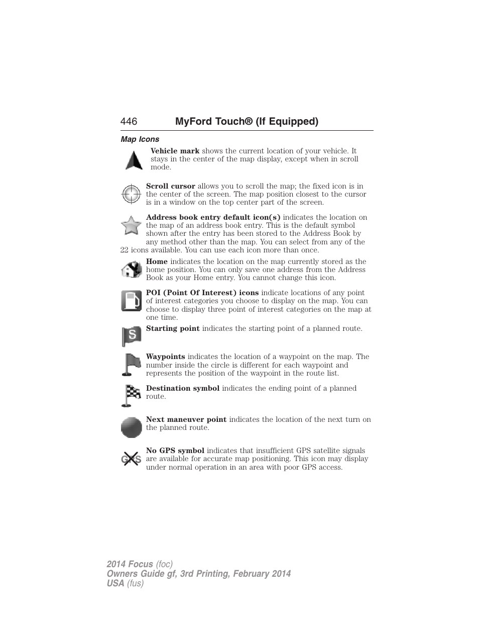 Map icons, 446 myford touch® (if equipped) | FORD 2014 Focus v.3 User Manual | Page 447 / 494