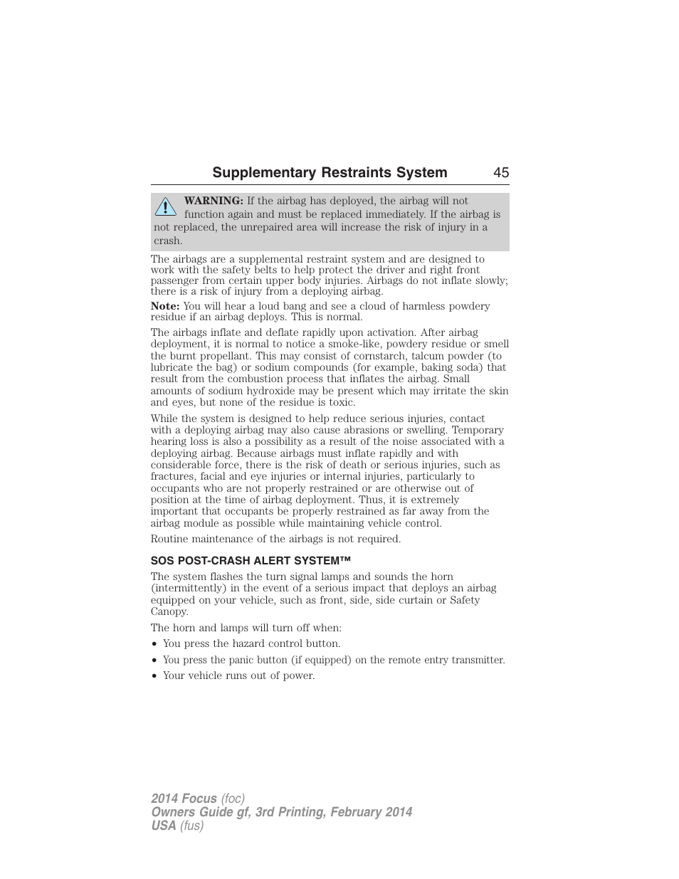 Sos post-crash alert system, Supplementary restraints system 45 | FORD 2014 Focus v.3 User Manual | Page 46 / 494