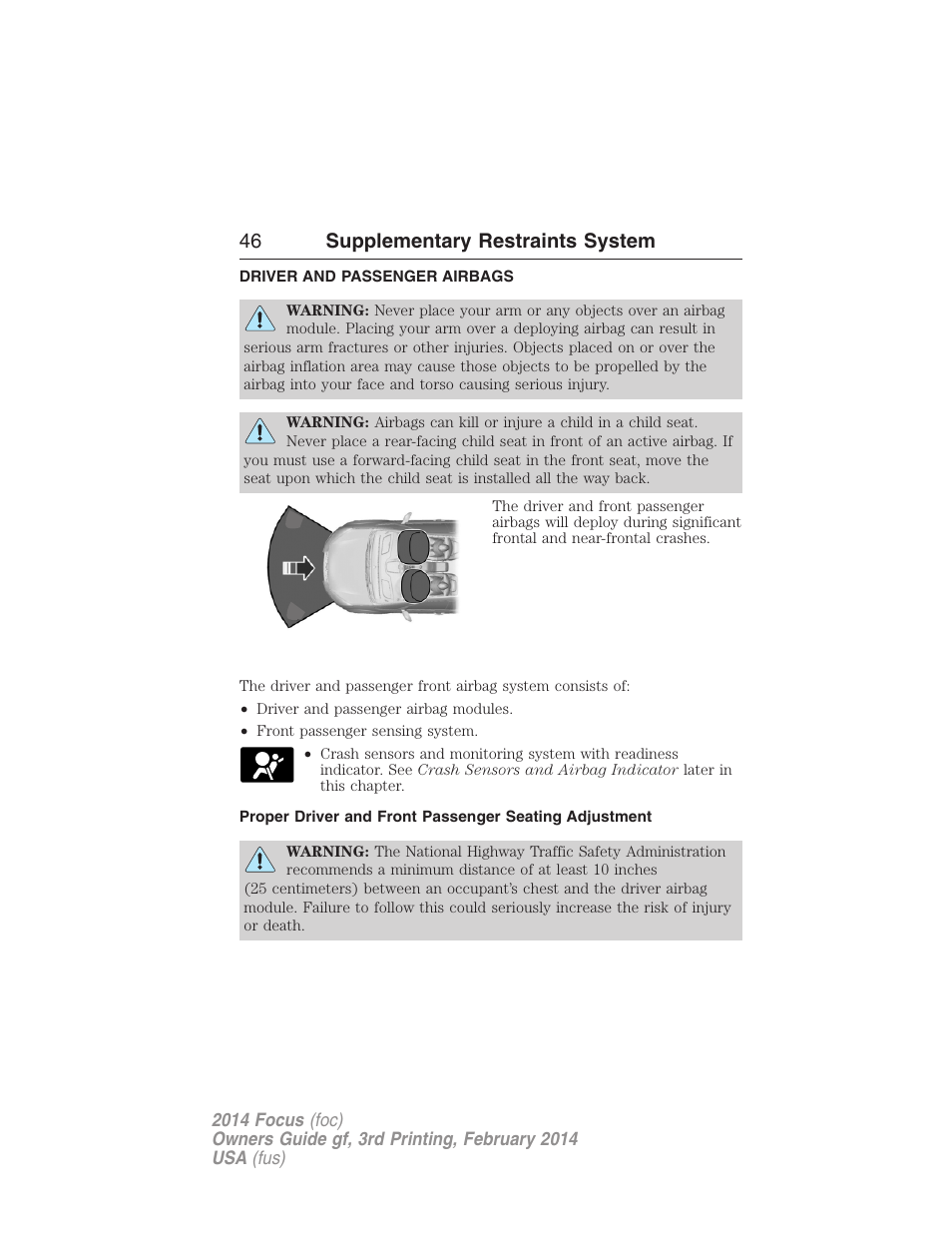 Driver and passenger airbags, 46 supplementary restraints system | FORD 2014 Focus v.3 User Manual | Page 47 / 494