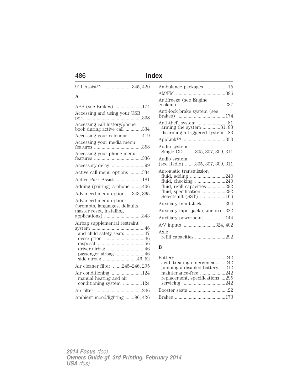 Index, 486 index | FORD 2014 Focus v.3 User Manual | Page 487 / 494