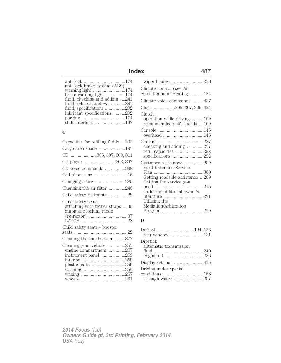 Index 487 | FORD 2014 Focus v.3 User Manual | Page 488 / 494