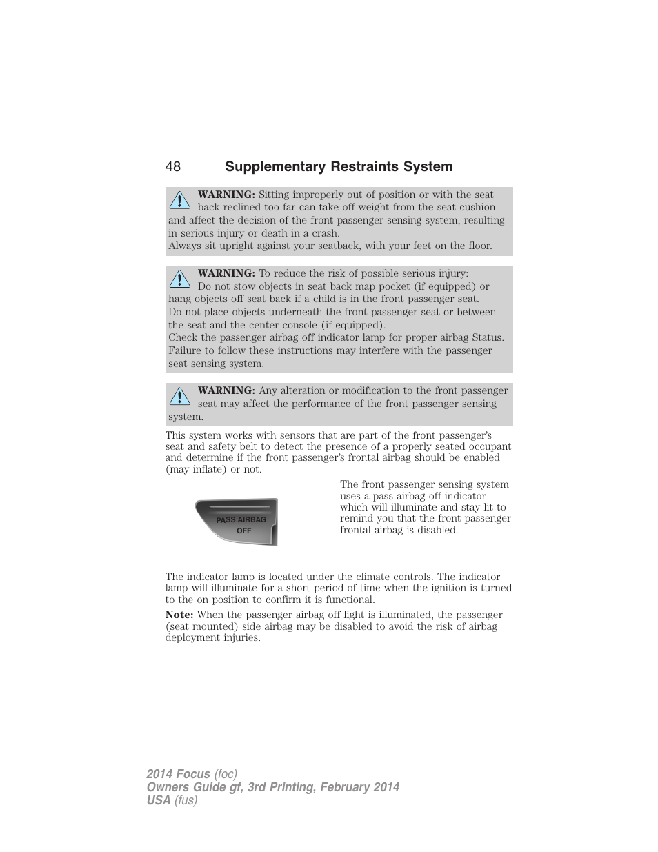 48 supplementary restraints system | FORD 2014 Focus v.3 User Manual | Page 49 / 494