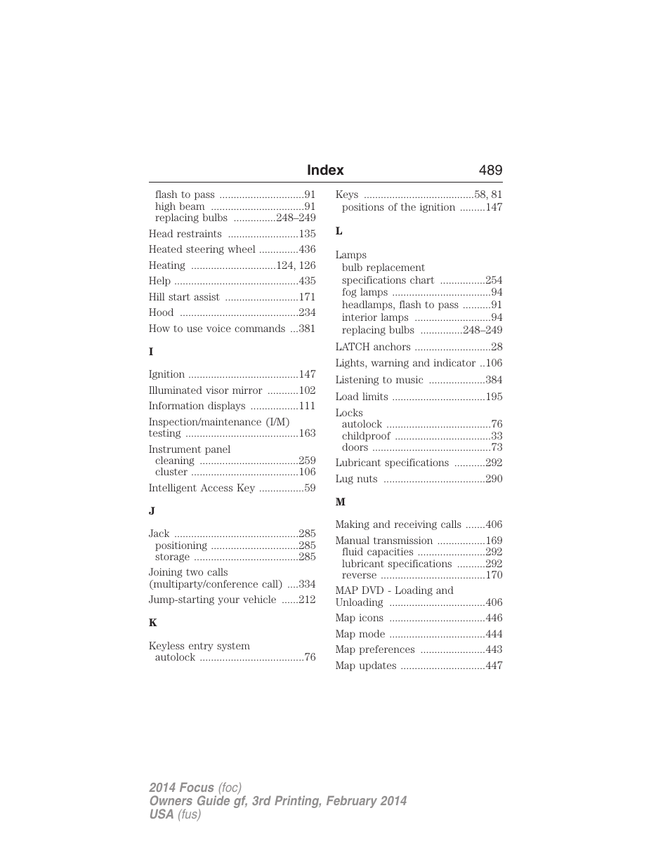 Index 489 | FORD 2014 Focus v.3 User Manual | Page 490 / 494