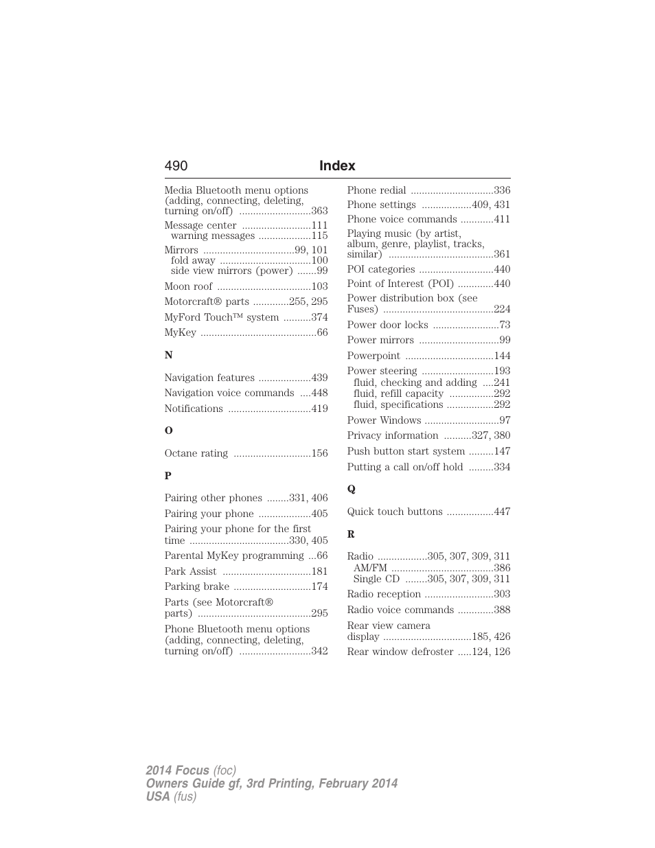 490 index | FORD 2014 Focus v.3 User Manual | Page 491 / 494