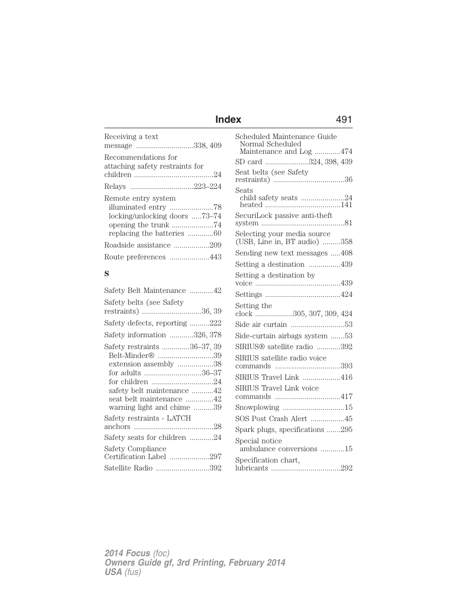 Index 491 | FORD 2014 Focus v.3 User Manual | Page 492 / 494