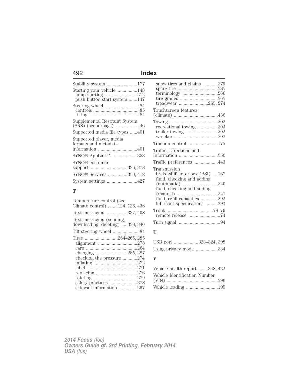492 index | FORD 2014 Focus v.3 User Manual | Page 493 / 494