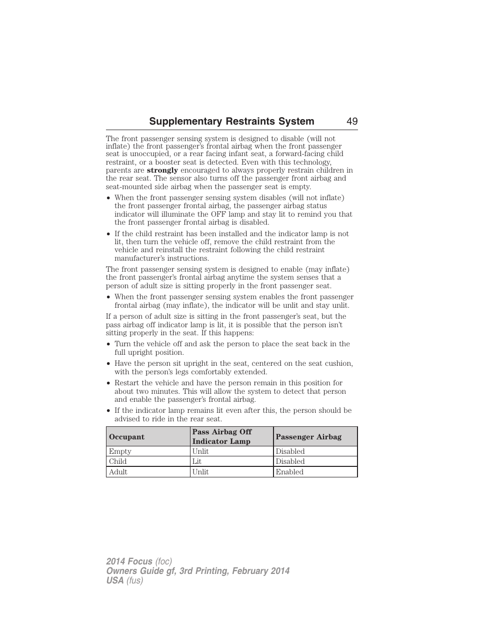 Supplementary restraints system 49 | FORD 2014 Focus v.3 User Manual | Page 50 / 494