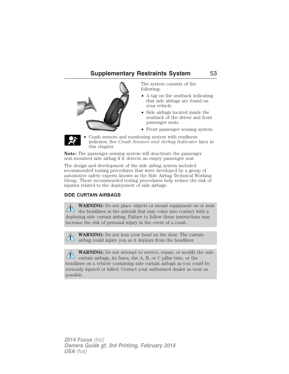 Side curtain airbags, Supplementary restraints system 53 | FORD 2014 Focus v.3 User Manual | Page 54 / 494