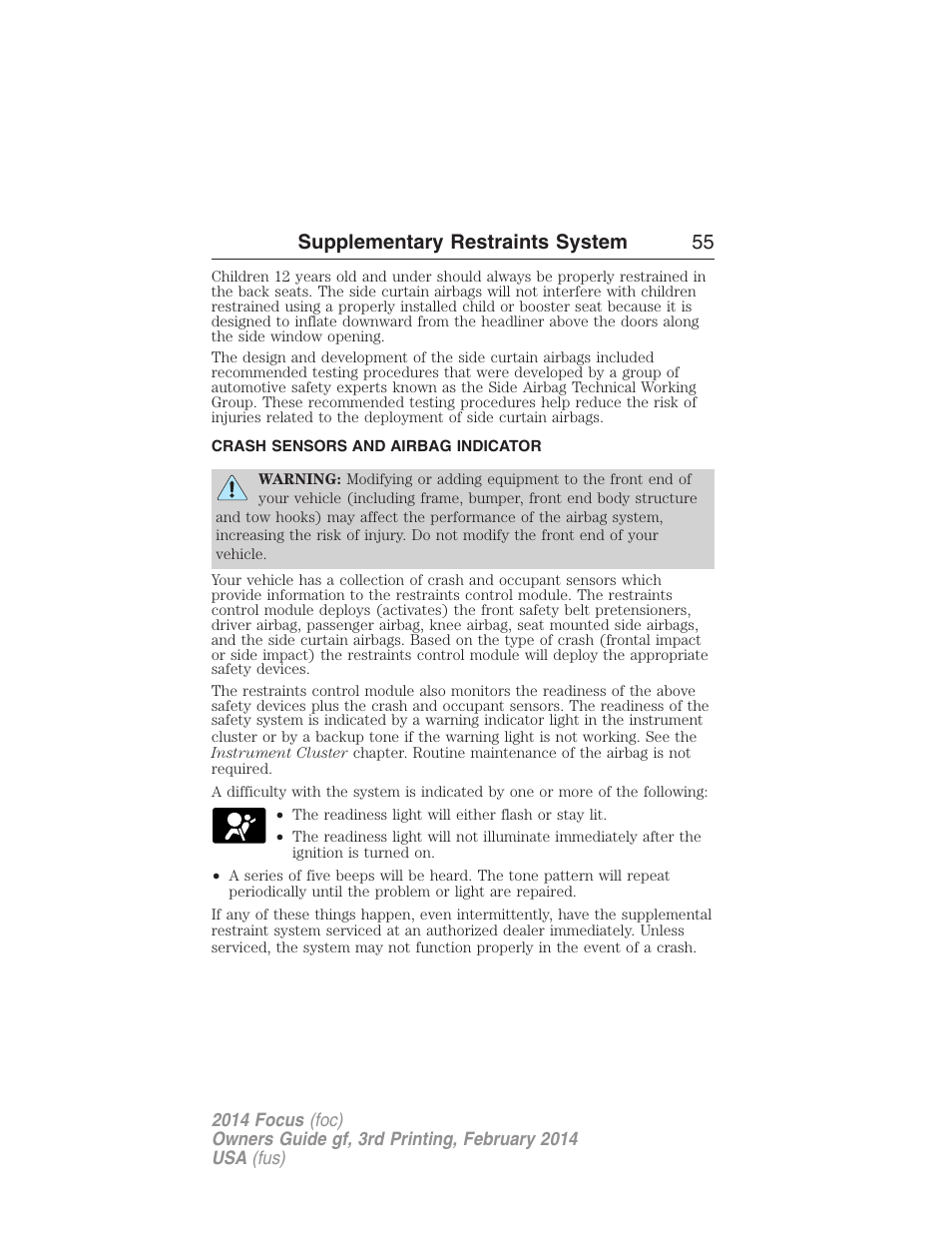 Crash sensors and airbag indicator, Supplementary restraints system 55 | FORD 2014 Focus v.3 User Manual | Page 56 / 494