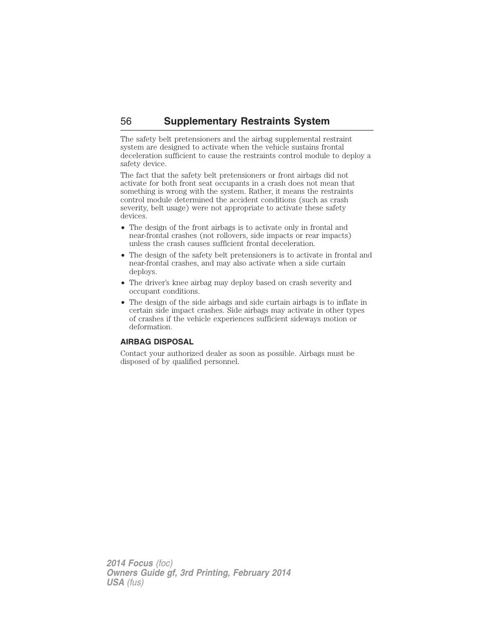 Airbag disposal, 56 supplementary restraints system | FORD 2014 Focus v.3 User Manual | Page 57 / 494