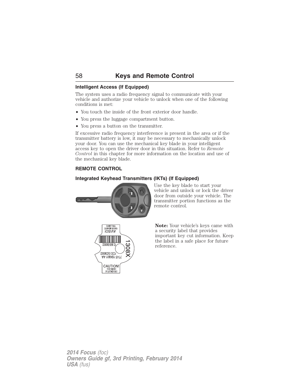 Intelligent access (if equipped), Remote control, Keys | 58 keys and remote control | FORD 2014 Focus v.3 User Manual | Page 59 / 494