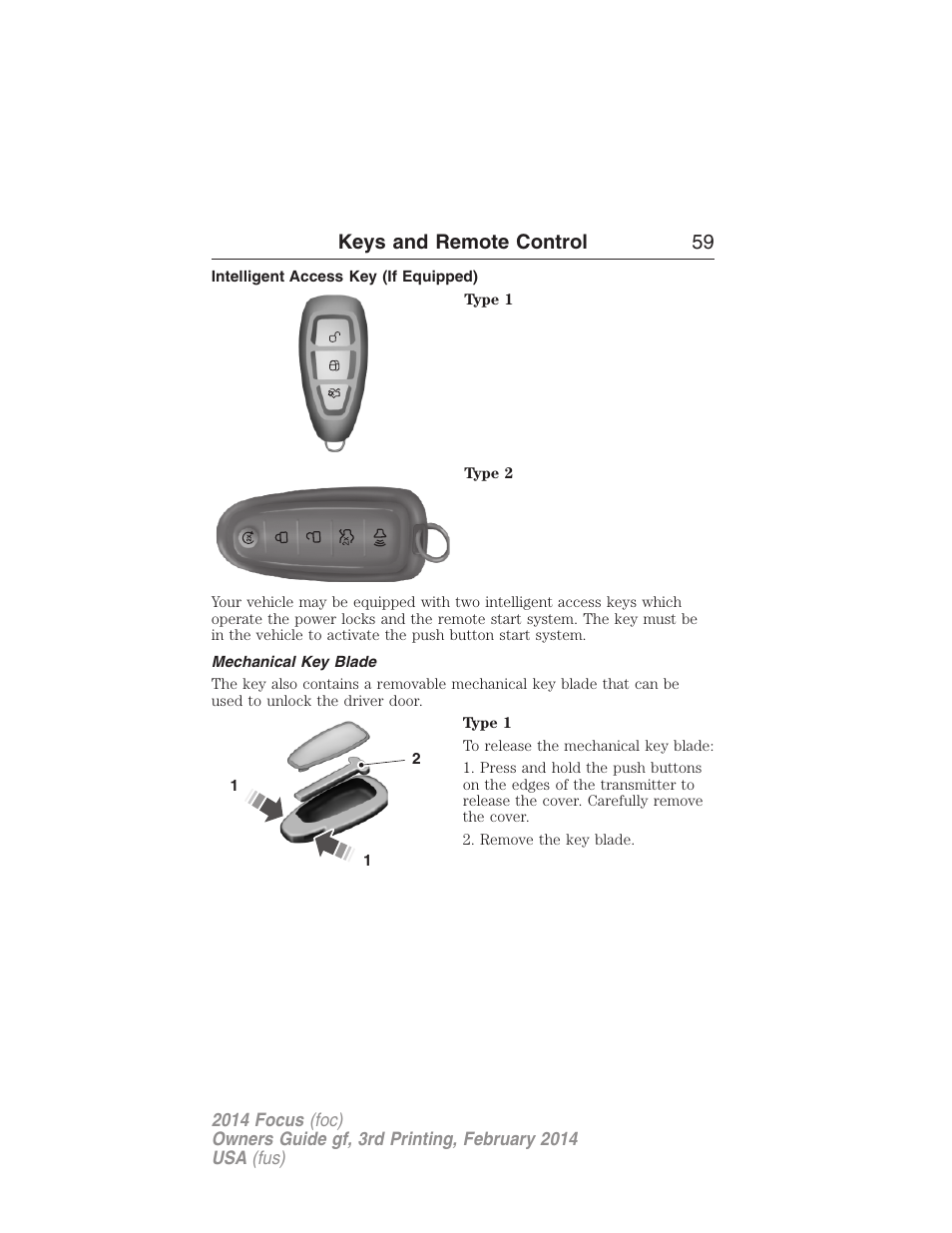 Intelligent access key (if equipped), Mechanical key blade, Keys and remote control 59 | FORD 2014 Focus v.3 User Manual | Page 60 / 494