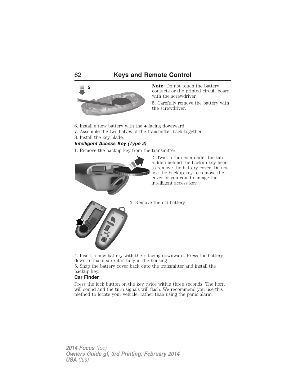 Intelligent access key (type 2), Car finder, 62 keys and remote control | FORD 2014 Focus v.3 User Manual | Page 63 / 494