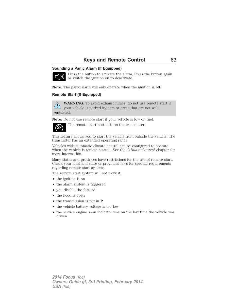 Sounding a panic alarm (if equipped), Remote start (if equipped), Keys and remote control 63 | FORD 2014 Focus v.3 User Manual | Page 64 / 494