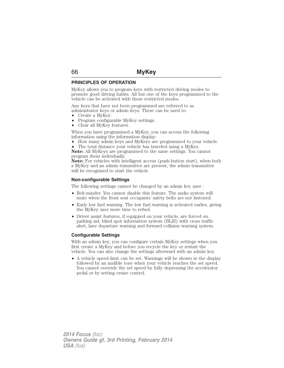 Mykey, Principles of operation, Non-configurable settings | Configurable settings, Settings, mykey, 66 mykey | FORD 2014 Focus v.3 User Manual | Page 67 / 494