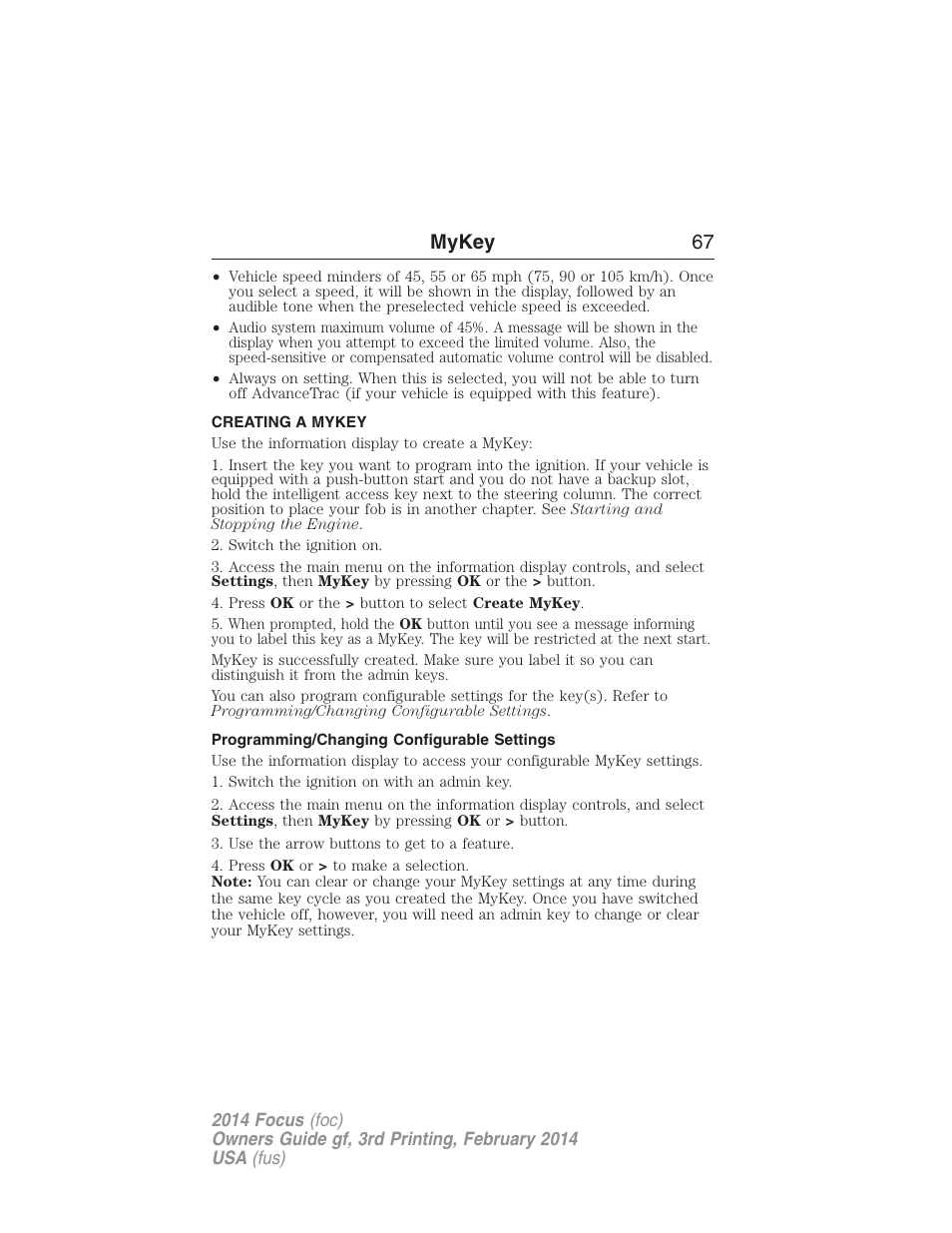 Creating a mykey, Programming/changing configurable settings, Creating | Mykey 67 | FORD 2014 Focus v.3 User Manual | Page 68 / 494