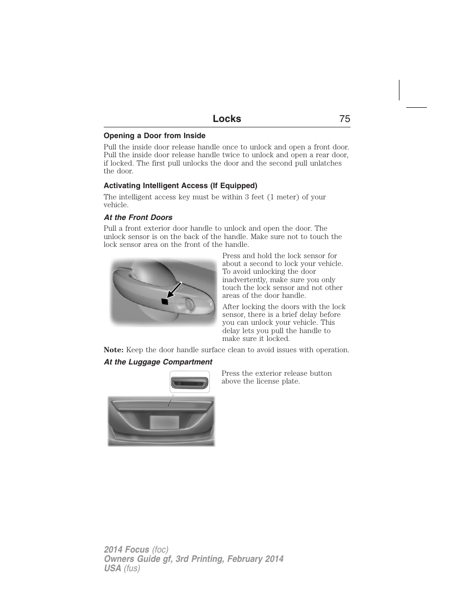Opening a door from inside, Activating intelligent access (if equipped), At the front doors | At the luggage compartment, Locks 75 | FORD 2014 Focus v.3 User Manual | Page 76 / 494