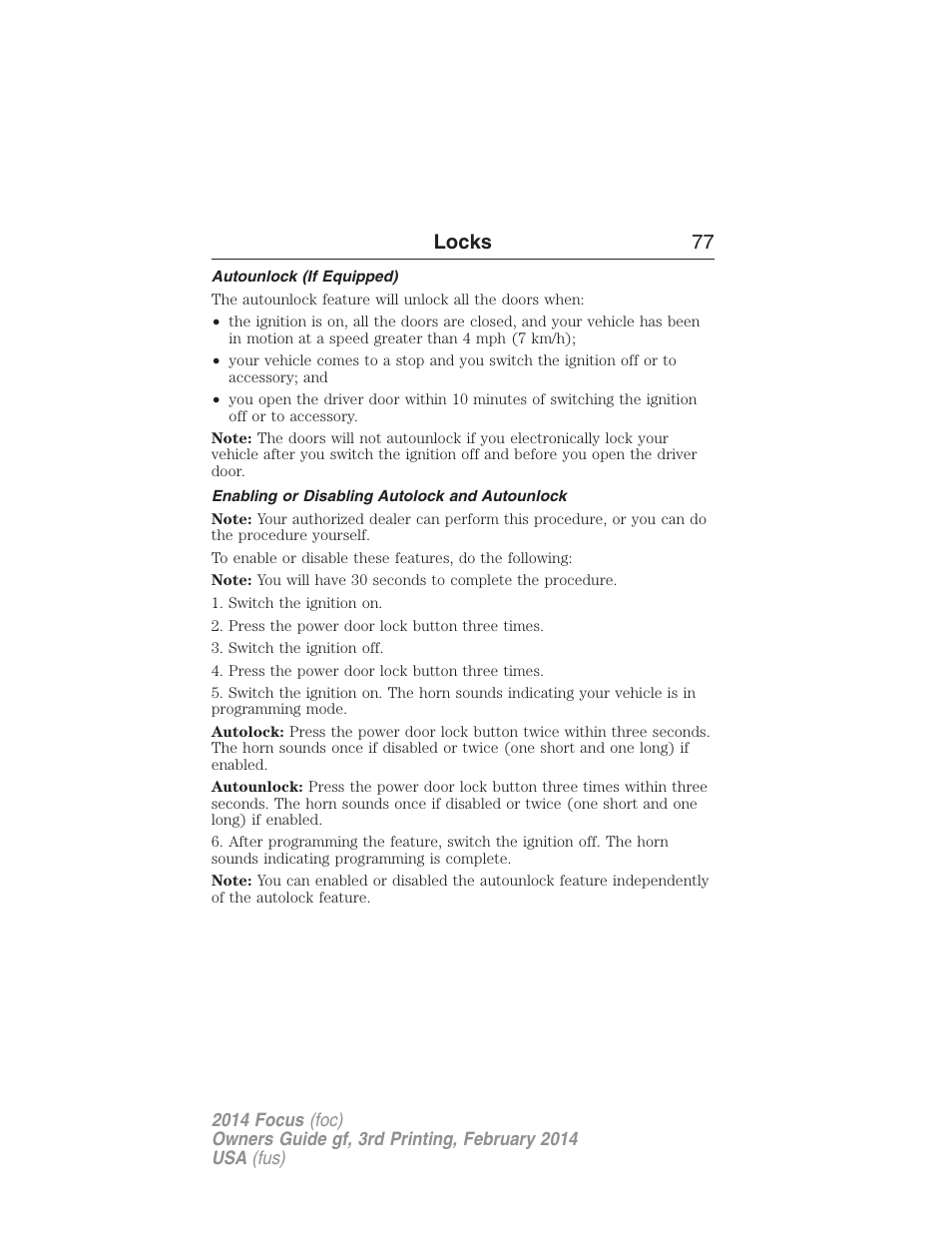 Autounlock (if equipped), Enabling or disabling autolock and autounlock, Locks 77 | FORD 2014 Focus v.3 User Manual | Page 78 / 494