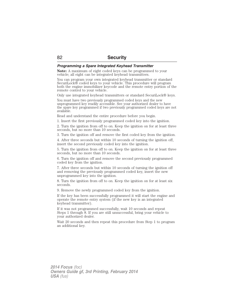 Programming a spare integrated keyhead transmitter, 82 security | FORD 2014 Focus v.3 User Manual | Page 83 / 494