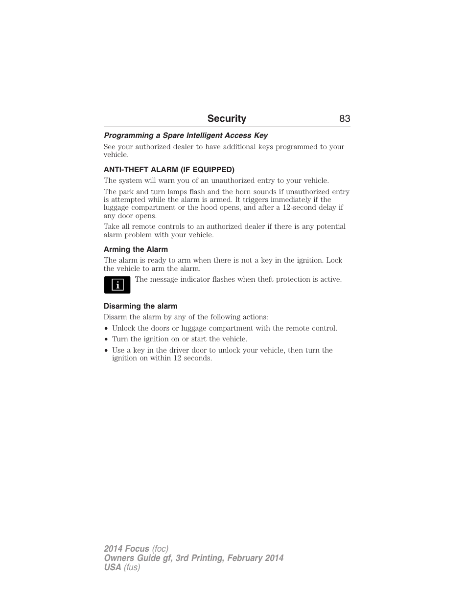 Programming a spare intelligent access key, Anti-theft alarm (if equipped), Arming the alarm | Disarming the alarm, Security 83 | FORD 2014 Focus v.3 User Manual | Page 84 / 494