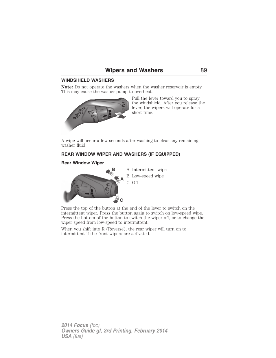 Windshield washers, Rear window wiper and washers (if equipped), Rear window wiper | Rear-window wiper and washer, Wipers and washers 89 | FORD 2014 Focus v.3 User Manual | Page 90 / 494