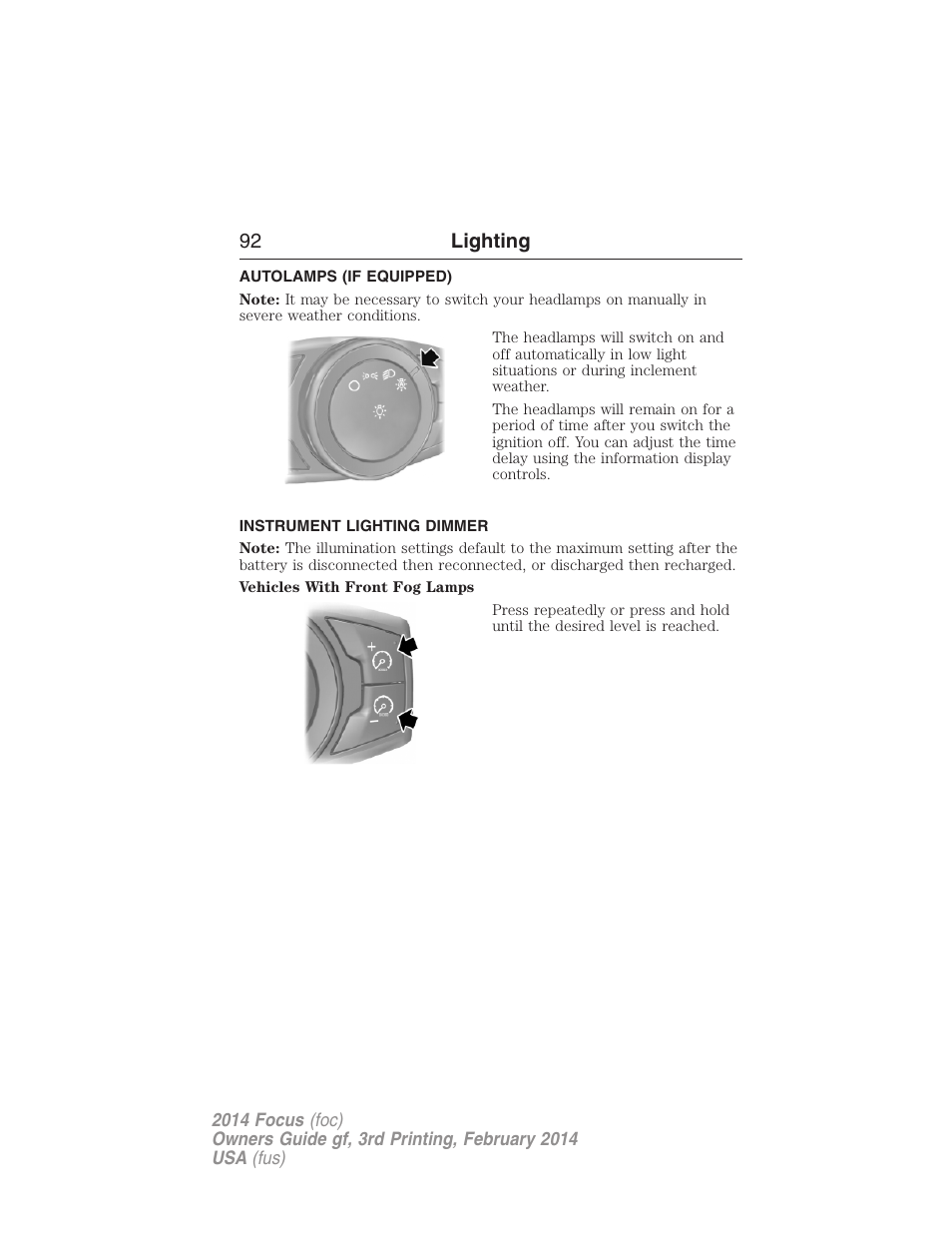 Autolamps (if equipped), Instrument lighting dimmer, Autolamps | 92 lighting | FORD 2014 Focus v.3 User Manual | Page 93 / 494