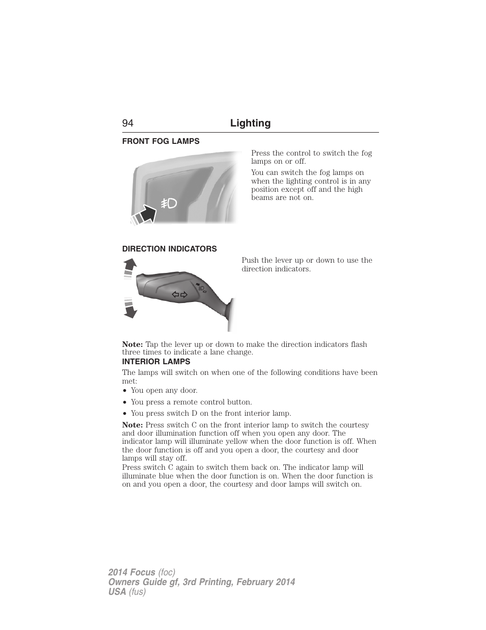 Front fog lamps, Direction indicators, Interior lamps | 94 lighting | FORD 2014 Focus v.3 User Manual | Page 95 / 494