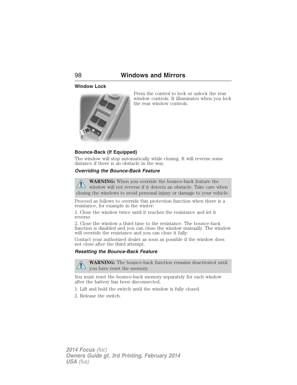 Window lock, Bounce-back (if equipped), Overriding the bounce-back feature | Resetting the bounce-back feature, 98 windows and mirrors | FORD 2014 Focus v.3 User Manual | Page 99 / 494