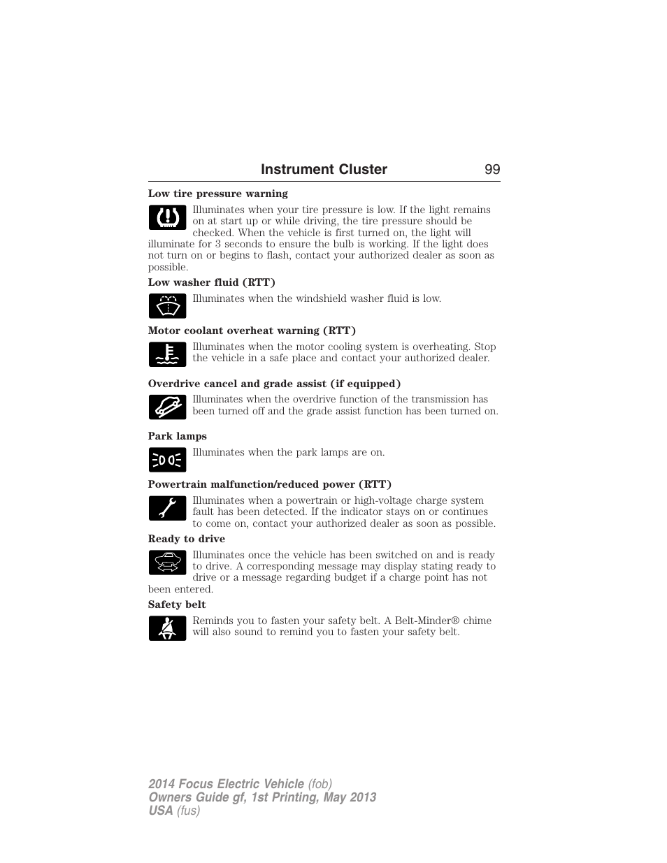 Instrument cluster 99 | FORD 2014 Focus Electric User Manual | Page 100 / 403