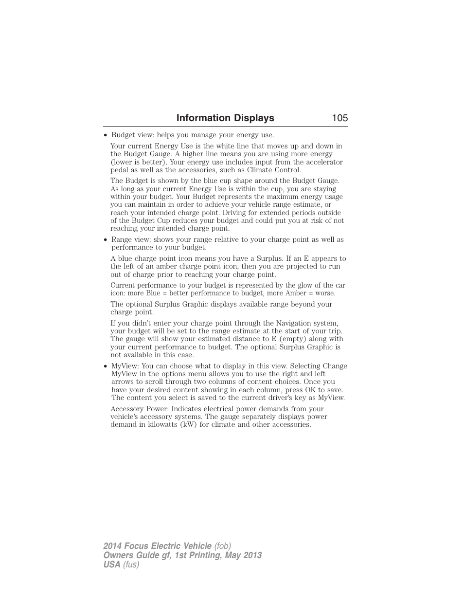 Information displays 105 | FORD 2014 Focus Electric User Manual | Page 106 / 403