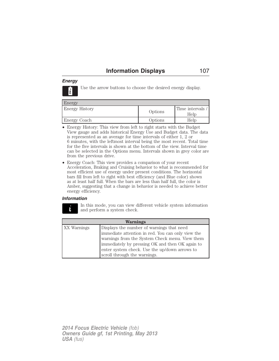 Energy, Information, Information displays 107 | FORD 2014 Focus Electric User Manual | Page 108 / 403