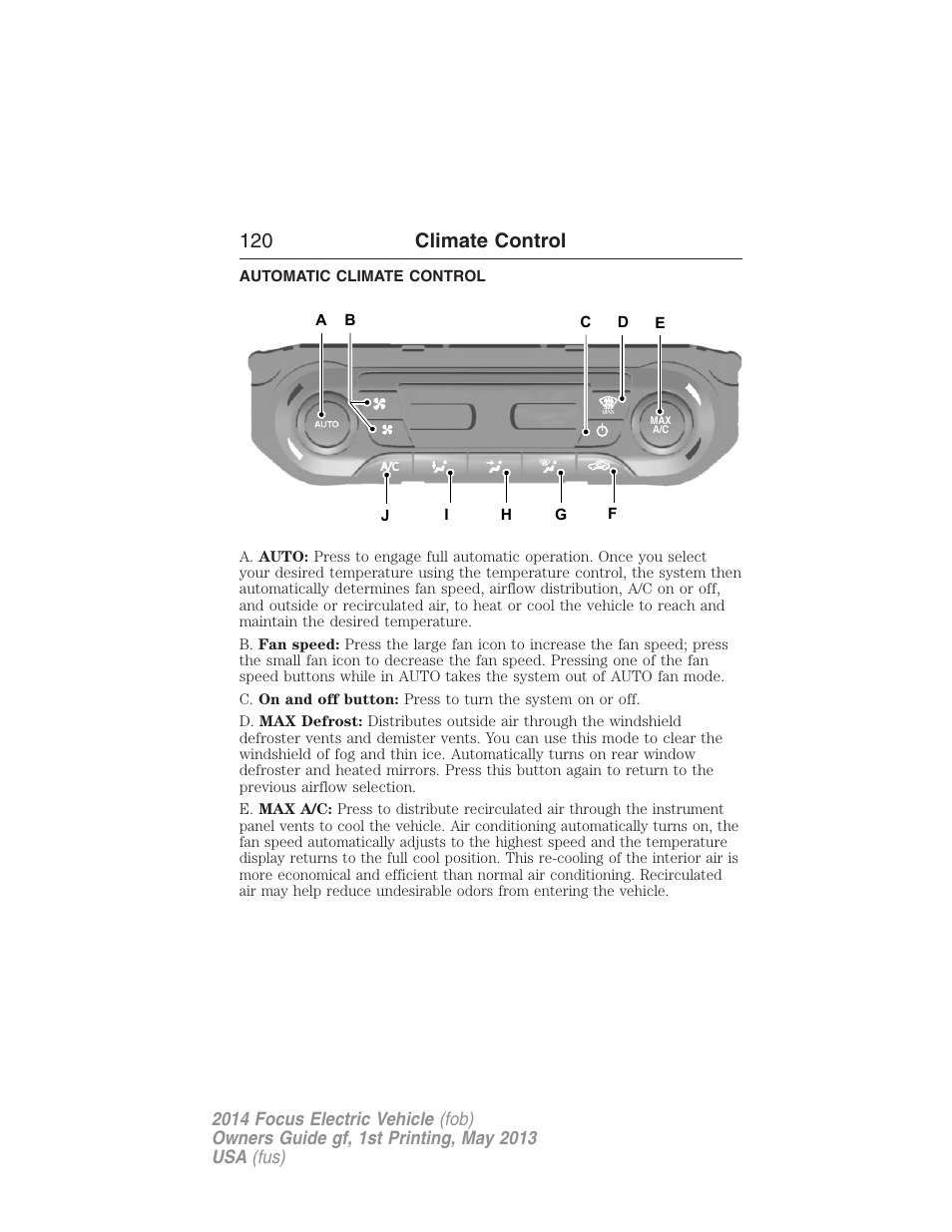 Climate control, Automatic climate control, 120 climate control | FORD 2014 Focus Electric User Manual | Page 121 / 403