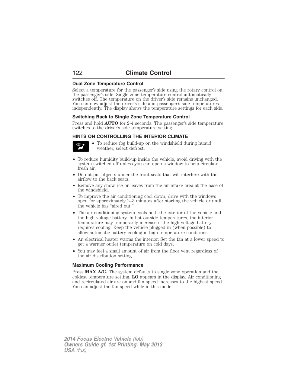 Dual zone temperature control, Switching back to single zone temperature control, Hints on controlling the interior climate | Maximum cooling performance, 122 climate control | FORD 2014 Focus Electric User Manual | Page 123 / 403