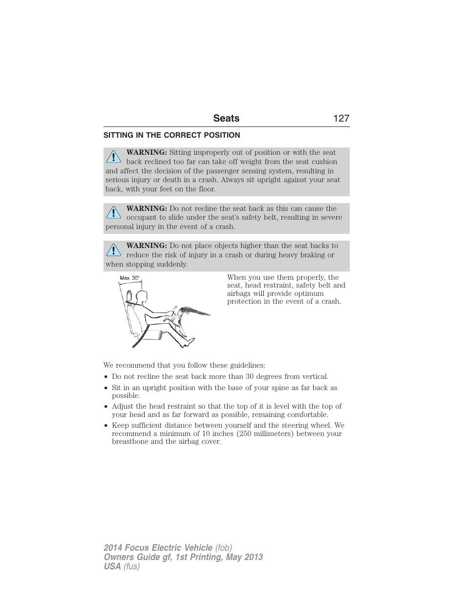 Seats, Sitting in the correct position, Seats 127 | FORD 2014 Focus Electric User Manual | Page 128 / 403