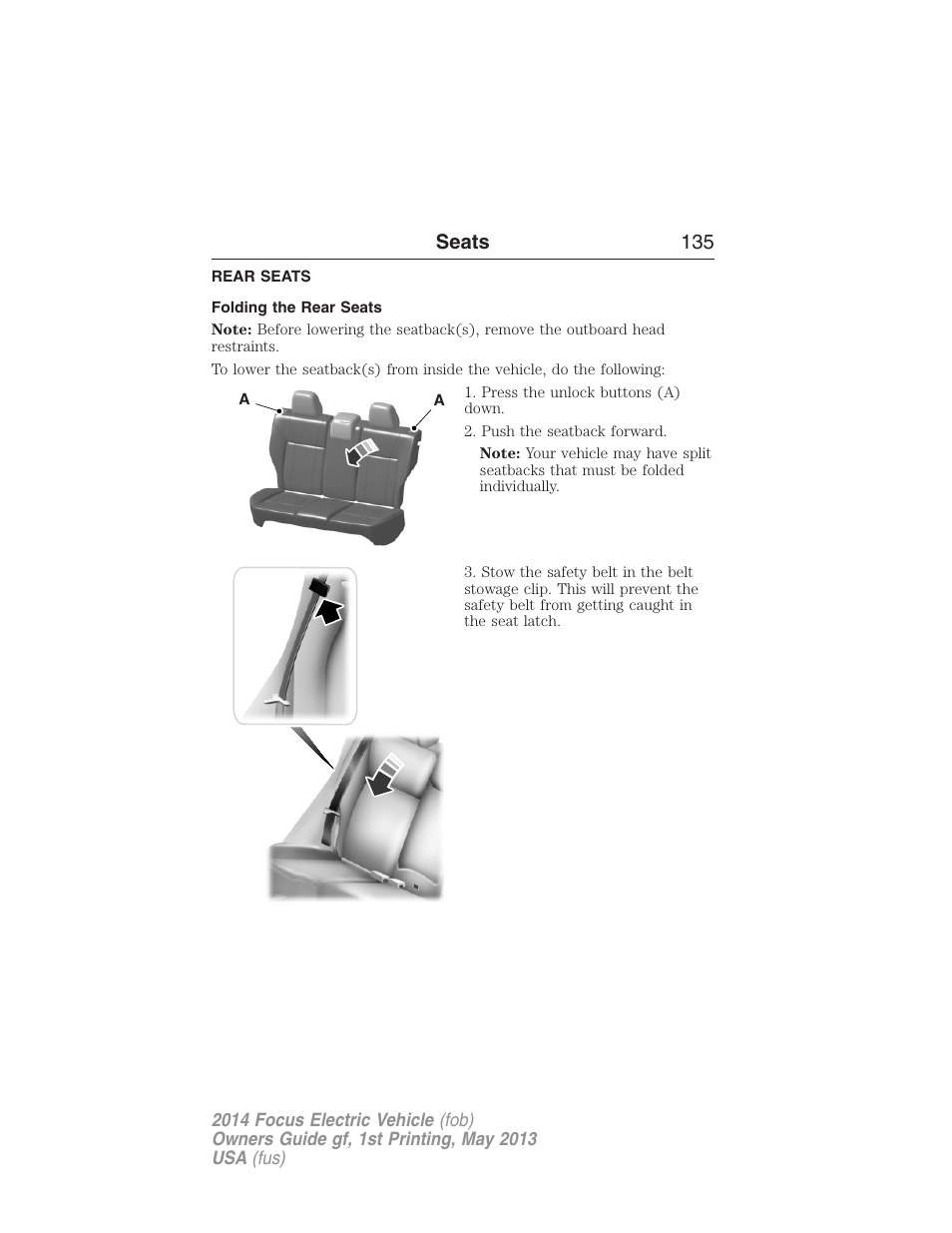 Rear seats, Folding the rear seats, Seats 135 | FORD 2014 Focus Electric User Manual | Page 136 / 403