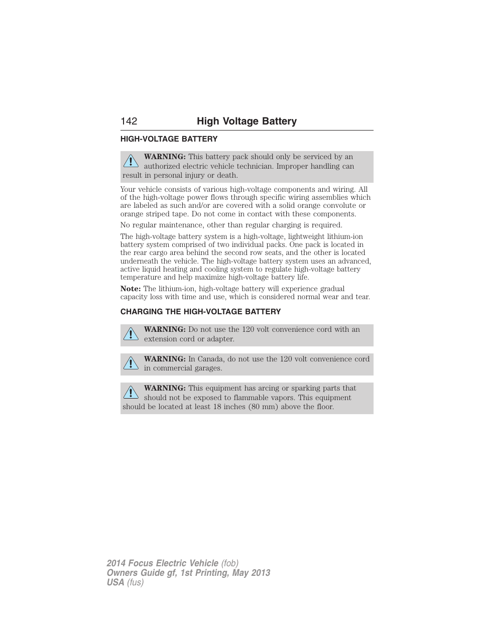 High voltage battery, High-voltage battery, Charging the high-voltage battery | 142 high voltage battery | FORD 2014 Focus Electric User Manual | Page 143 / 403