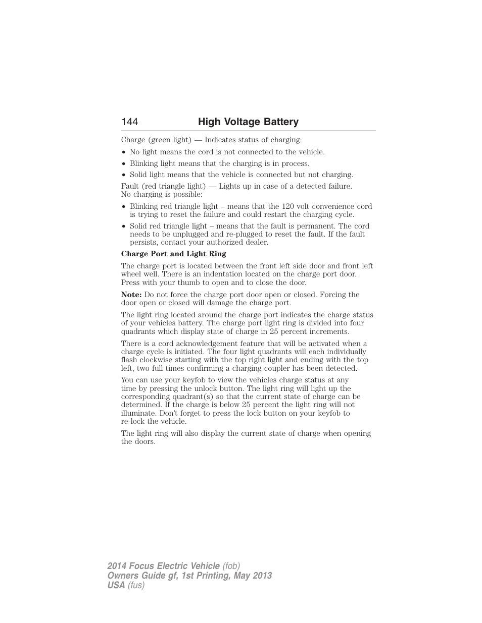 144 high voltage battery | FORD 2014 Focus Electric User Manual | Page 145 / 403