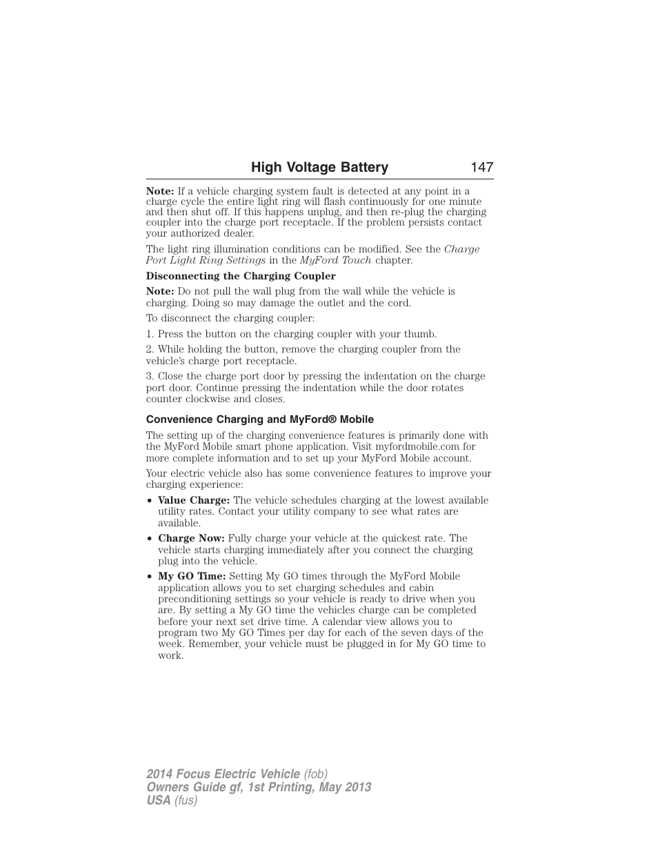 Convenience charging and myford® mobile, High voltage battery 147 | FORD 2014 Focus Electric User Manual | Page 148 / 403