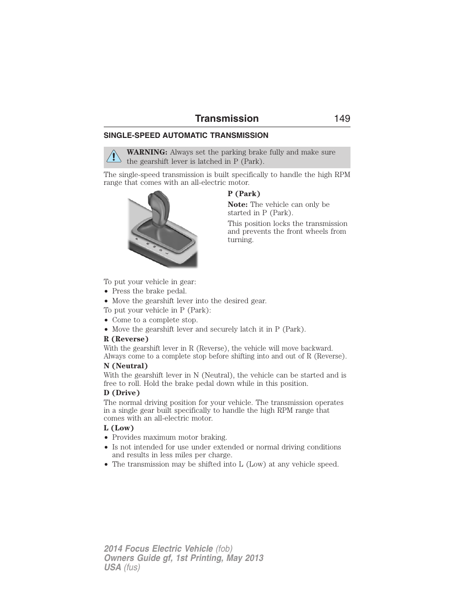 Transmission, Single-speed automatic transmission, Automatic transmission | Transmission 149 | FORD 2014 Focus Electric User Manual | Page 150 / 403