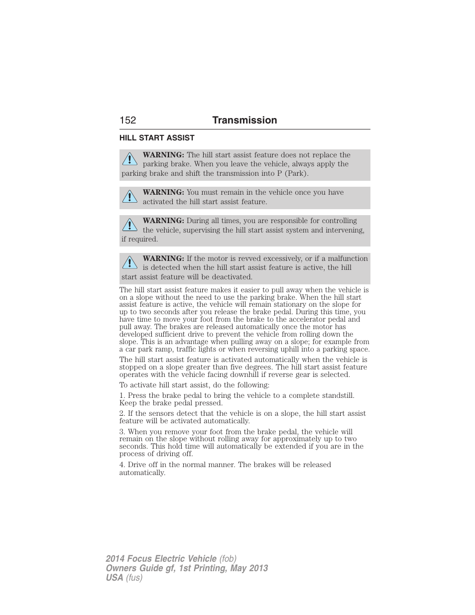 Hill start assist, 152 transmission | FORD 2014 Focus Electric User Manual | Page 153 / 403