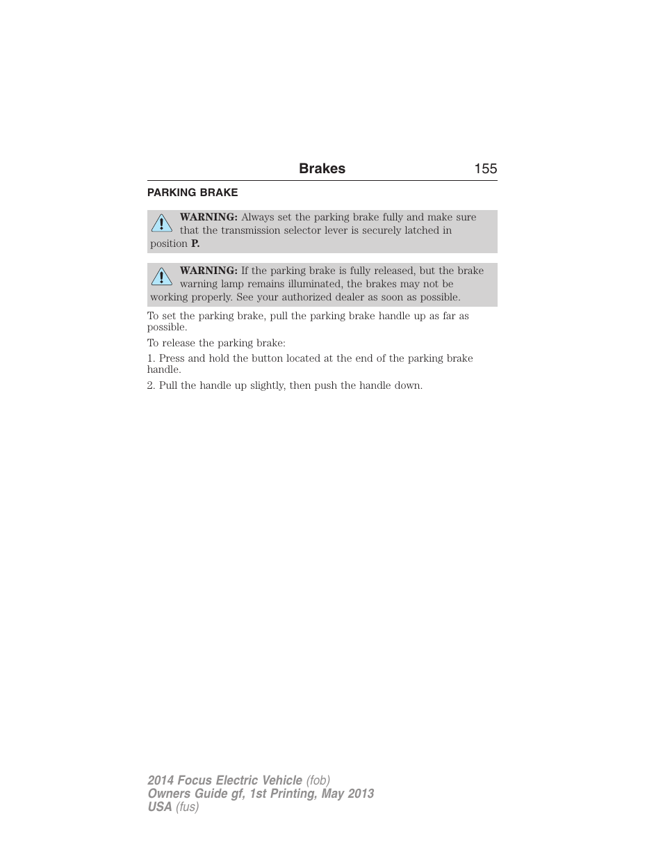 Parking brake, Brakes 155 | FORD 2014 Focus Electric User Manual | Page 156 / 403