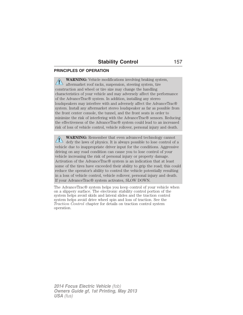 Stability control, Principles of operation, Advancetrac | Stability control 157 | FORD 2014 Focus Electric User Manual | Page 158 / 403