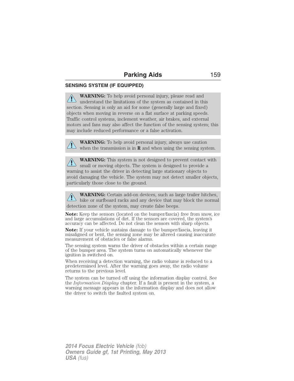 Parking aids, Sensing system (if equipped), Sensing system | Parking aids 159 | FORD 2014 Focus Electric User Manual | Page 160 / 403