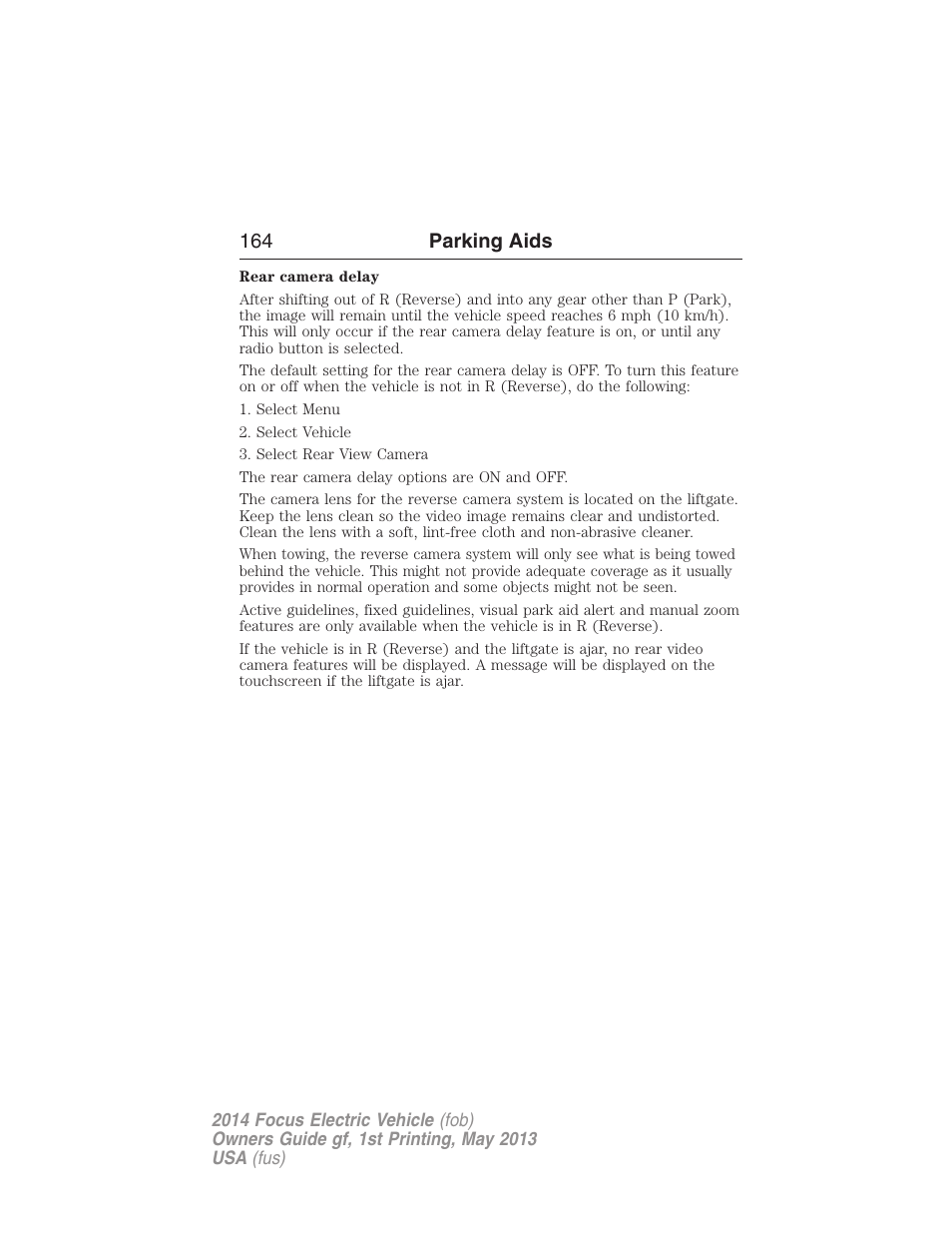 164 parking aids | FORD 2014 Focus Electric User Manual | Page 165 / 403